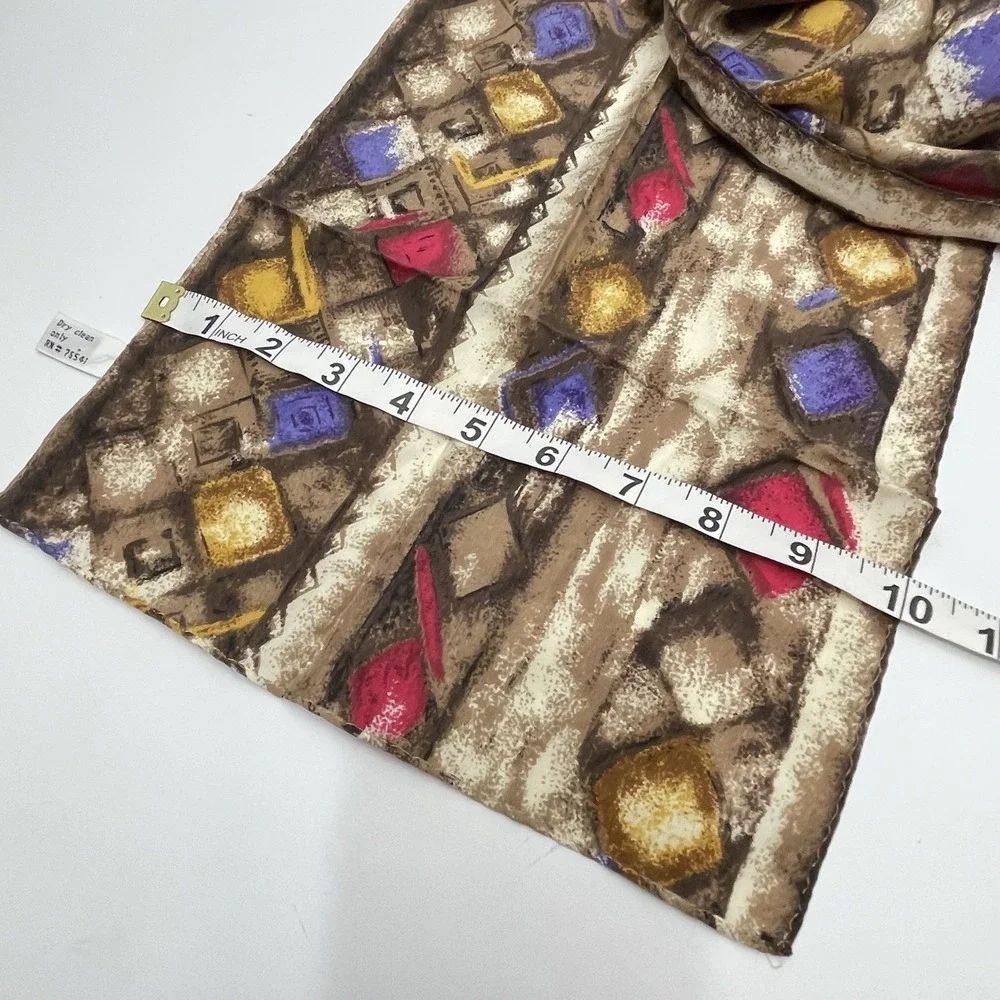 Vintage 80s Oblong Scarf 100% Silk Geometric‎ Pattern Brown Pink Purple Korea
